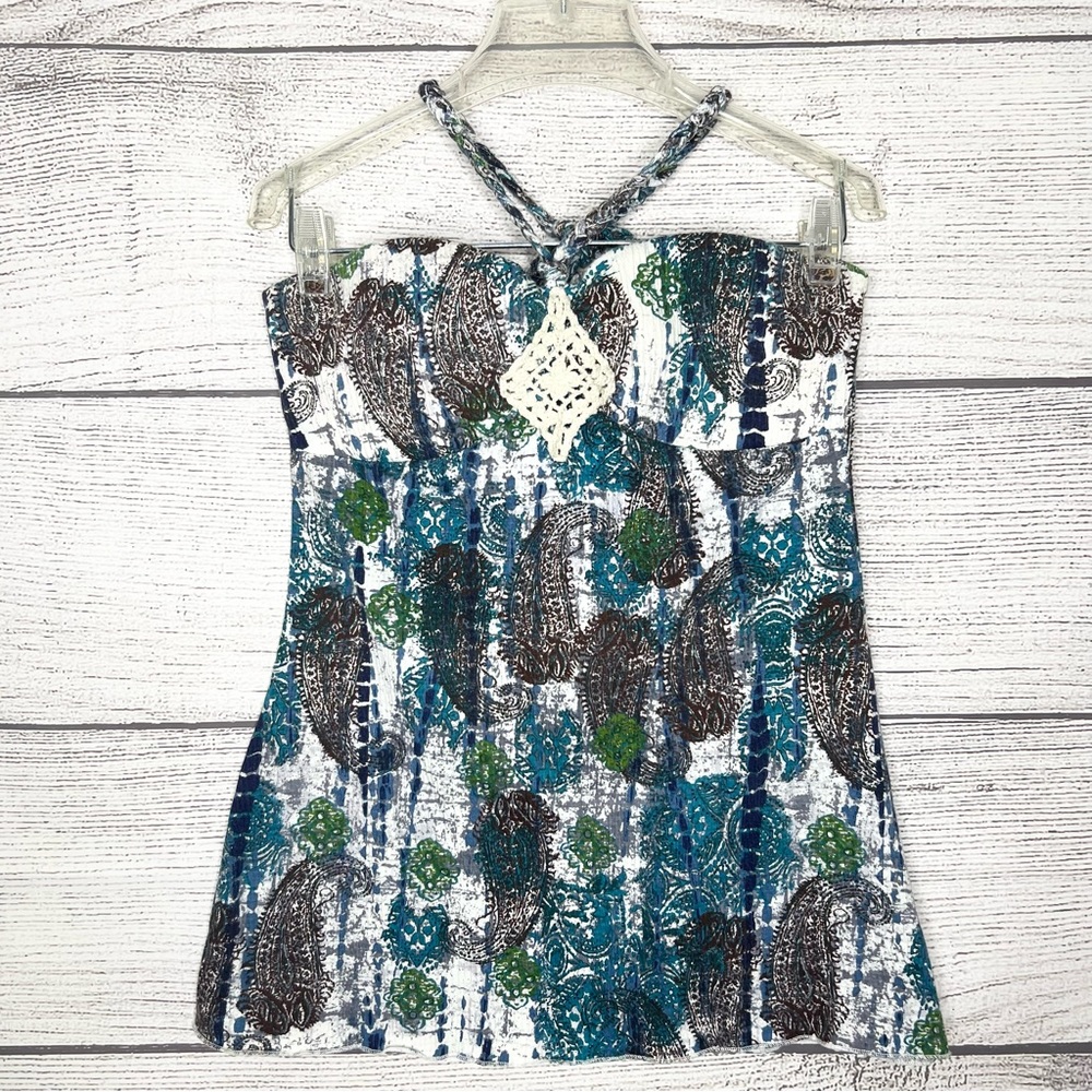 Self Esteem Bohemian Paisley Print Crochet Detail Halter Top Size Medium